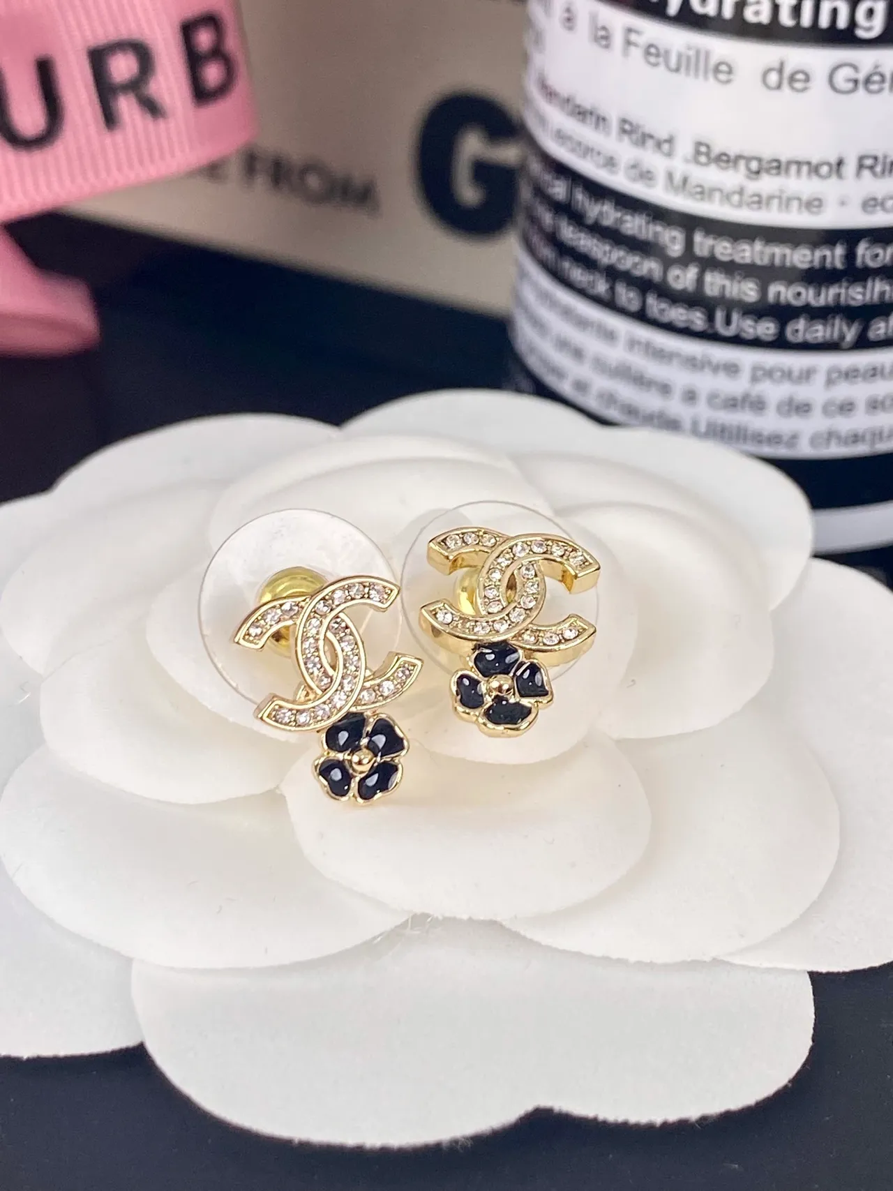 Chanel CC Camellia Crystal and Black Enamel Stud Earrings 5