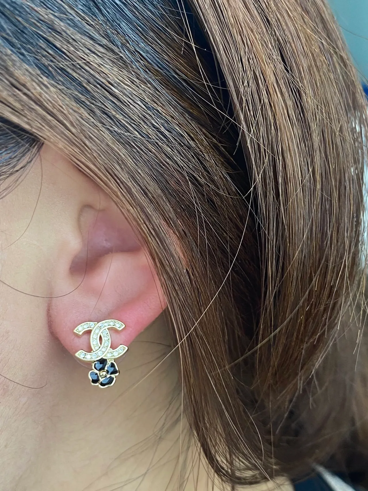 Chanel CC Camellia Crystal and Black Enamel Stud Earrings 7
