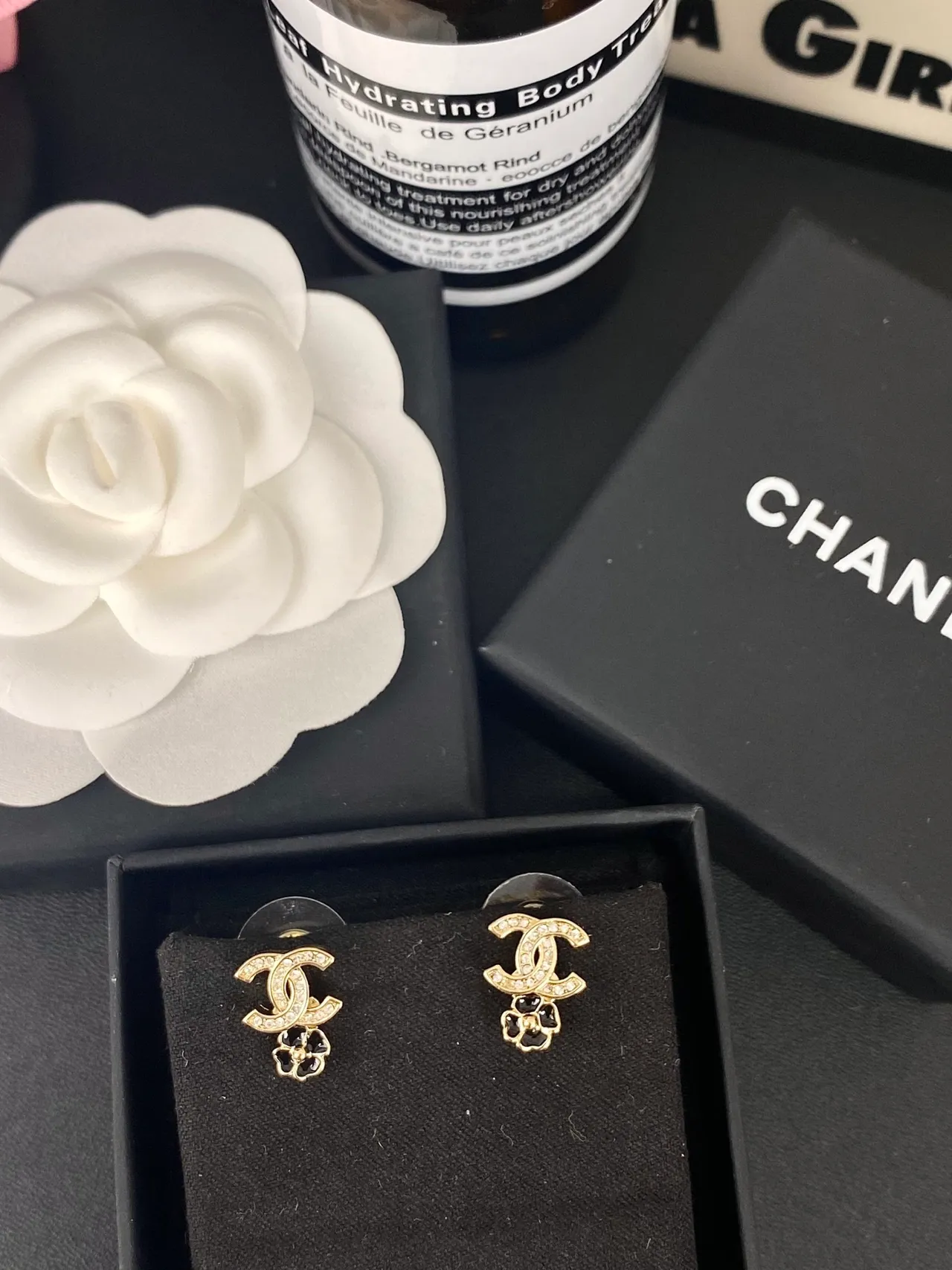 Chanel CC Camellia Crystal and Black Enamel Stud Earrings 9