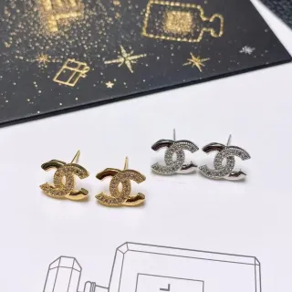 Chanel CC Gold Silver Interlocking Logo Pavé Crystal Setting 耳环