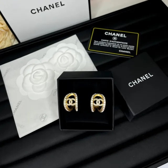 Chanel CC Logo Crystal-Pavé Gold-Tone Open Hoop Earrings 3