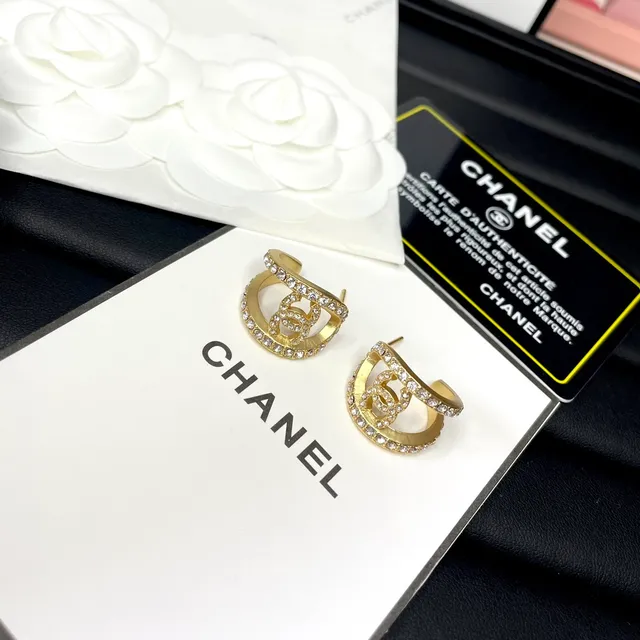 Chanel CC Logo Crystal-Pavé Gold-Tone Open Hoop Earrings 4