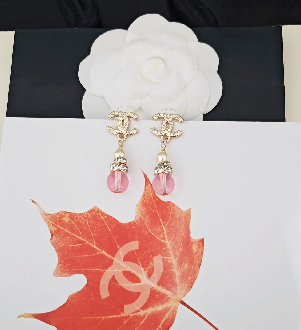 Chanel CC Logo Crystal Pearl Pink Bead Dangle Earrings 2