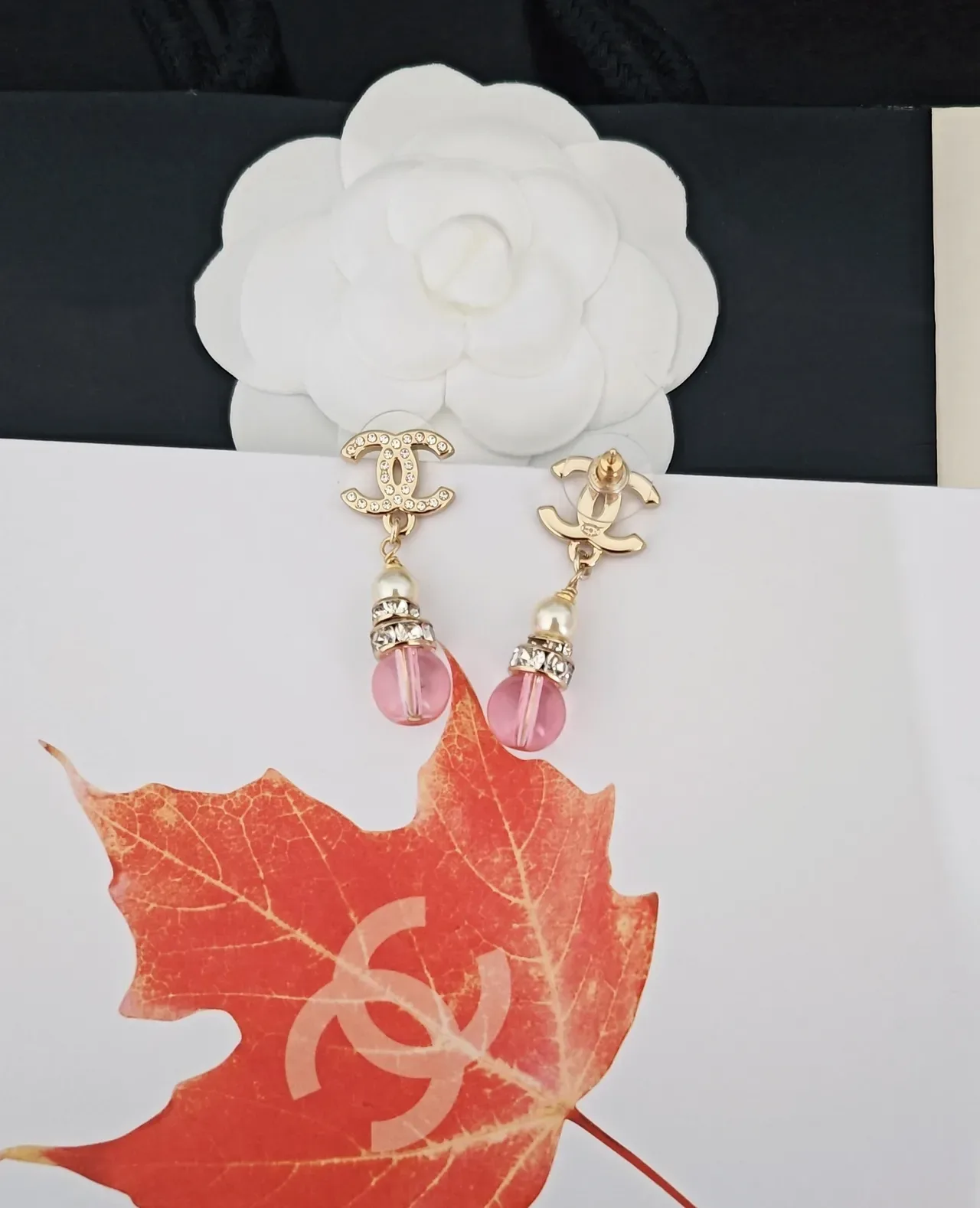 Chanel CC Logo Crystal Pearl Pink Bead Dangle Earrings 3