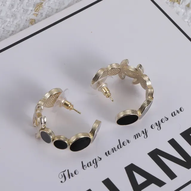 Chanel CC Logo Boucles d'oreilles Dorées avec Pierres Noires et Blanches 4