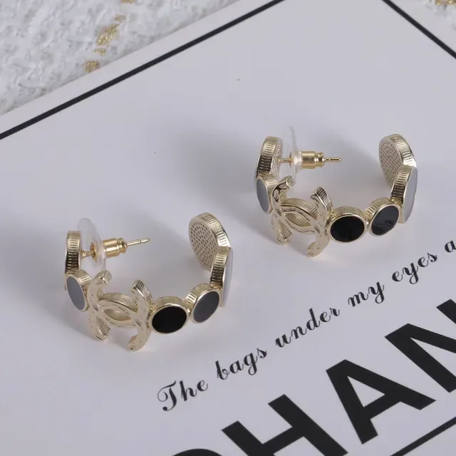 Chanel CC Logo Boucles d'oreilles Dorées avec Pierres Noires et Blanches 6