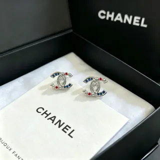 Chanel CC Logo Marquise Crystal Blue Red Enamel Earrings