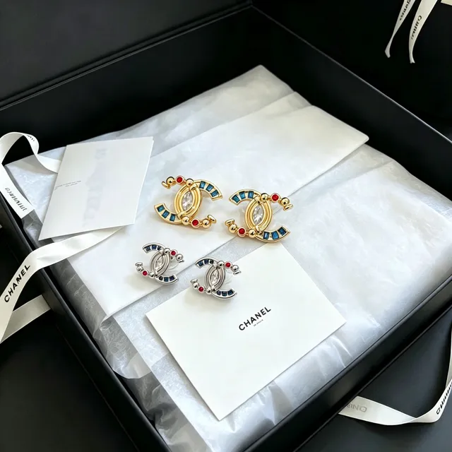 Chanel CC Logo Marquise Crystal Blue Red Enamel Earrings 2