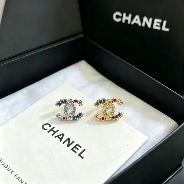 Chanel CC Logo Marquise Crystal Blue Red Enamel Earrings 3