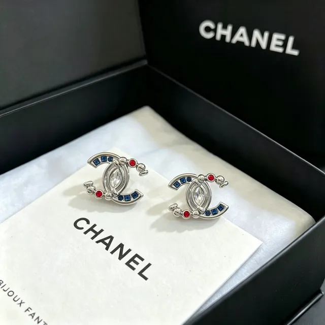 Chanel CC Logo Marquise Crystal Blue Red Enamel Earrings 5