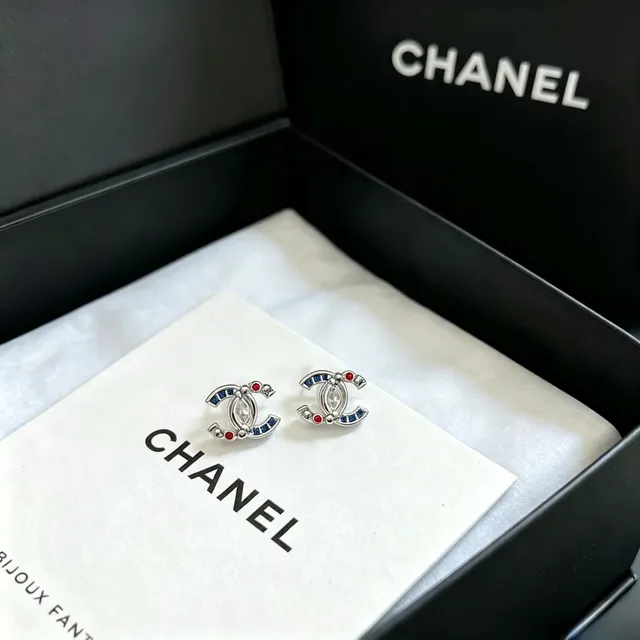 Chanel CC Logo Marquise Crystal Blue Red Enamel Earrings 6