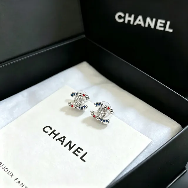Chanel CC Logo Marquise Crystal Blue Red Enamel Earrings 7