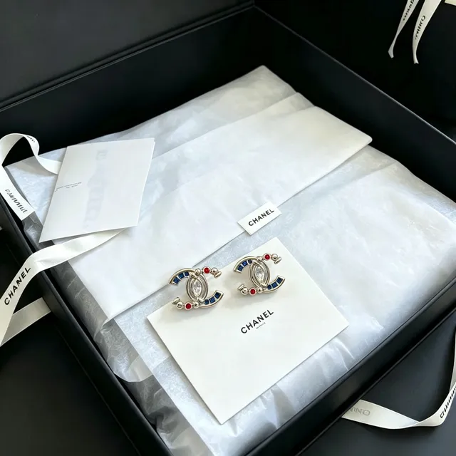 Chanel CC Logo Marquise Crystal Blue Red Enamel Earrings 8