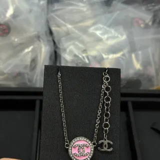 Chanel CC Logo Pendant Necklace Pink Silver Circular Enamel Crystal-Paved Bezel Necklace