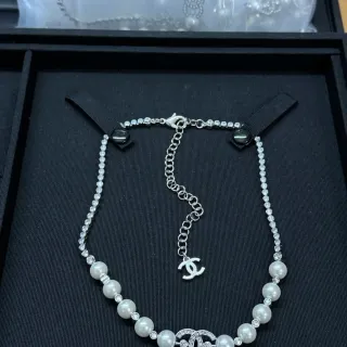 Chanel CC Pearl Necklace Silver White Crystal Strand Interlocking Pendant Necklace