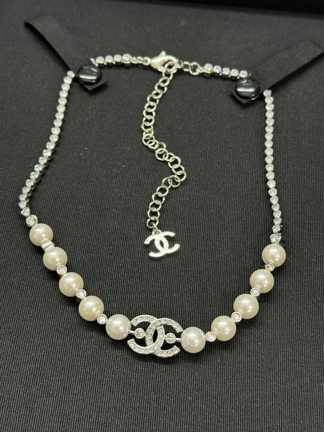 Chanel CC Collier perle argent blanc cristal chaîne interlockante pendentif 5
