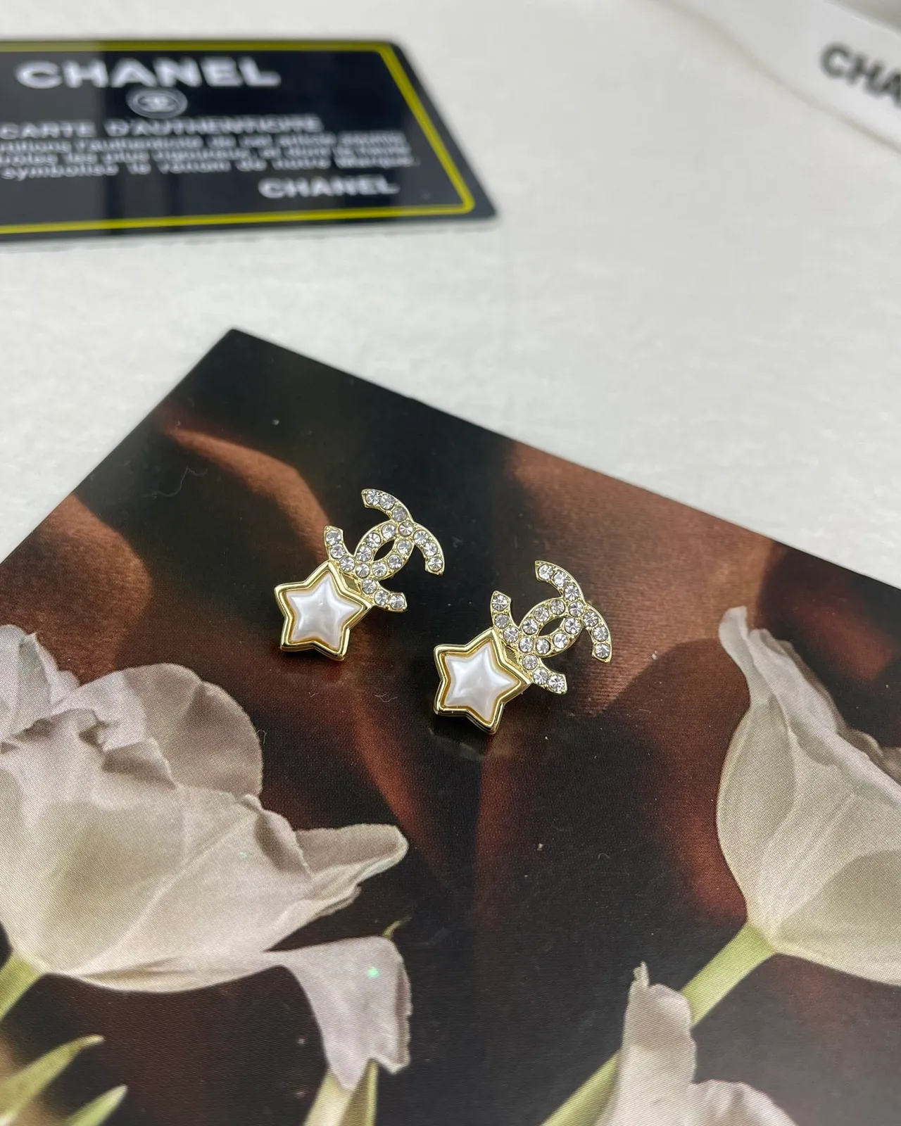 Chanel CC Star Crystal and Pearl Stud Earrings 2