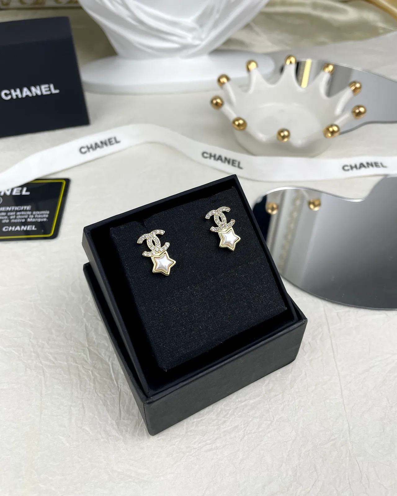 Chanel CC Star Crystal and Pearl Stud Earrings 6