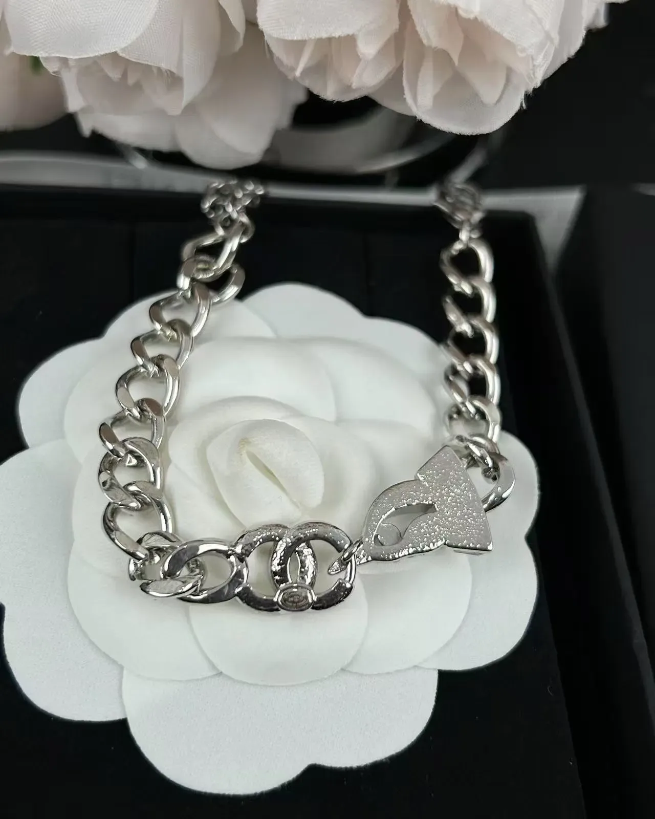 Chanel Chain Bracelet Silver White Chunky Curb Interlocking CC Logo Clasp Bracelet 2