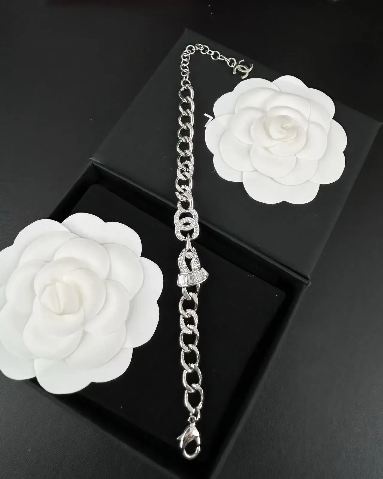 Chanel Chain Bracelet Silver White Chunky Curb Interlocking CC Logo Clasp Bracelet 3