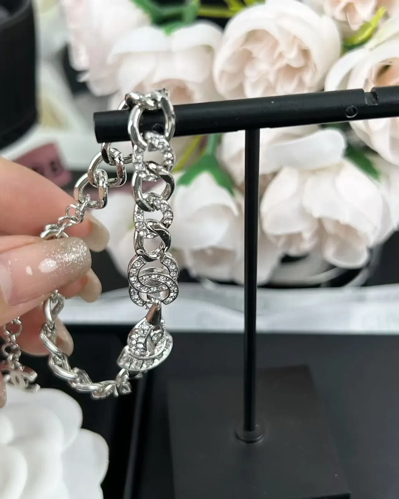 Chanel Chain Bracelet Silver White Chunky Curb Interlocking CC Logo Clasp Bracelet 5