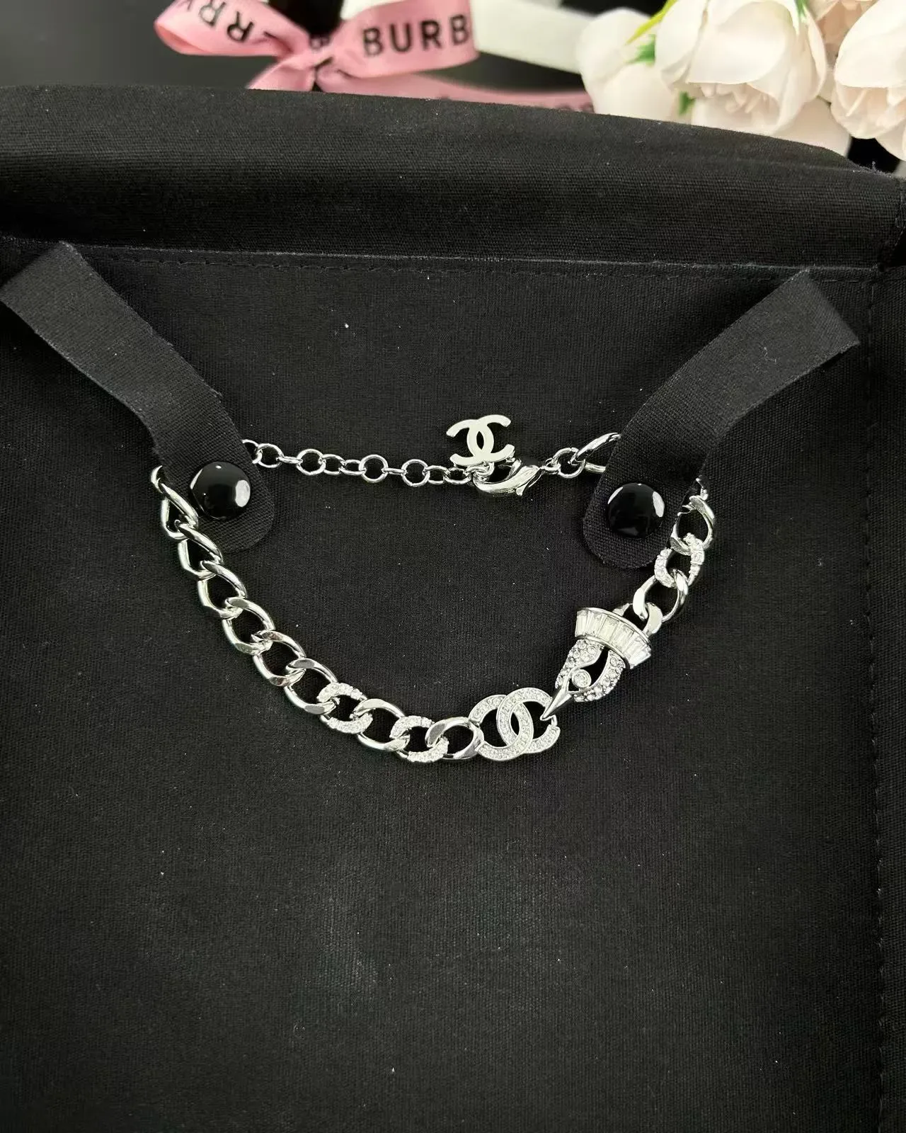 Chanel Chain Bracelet Silver White Chunky Curb Interlocking CC Logo Clasp Bracelet 7