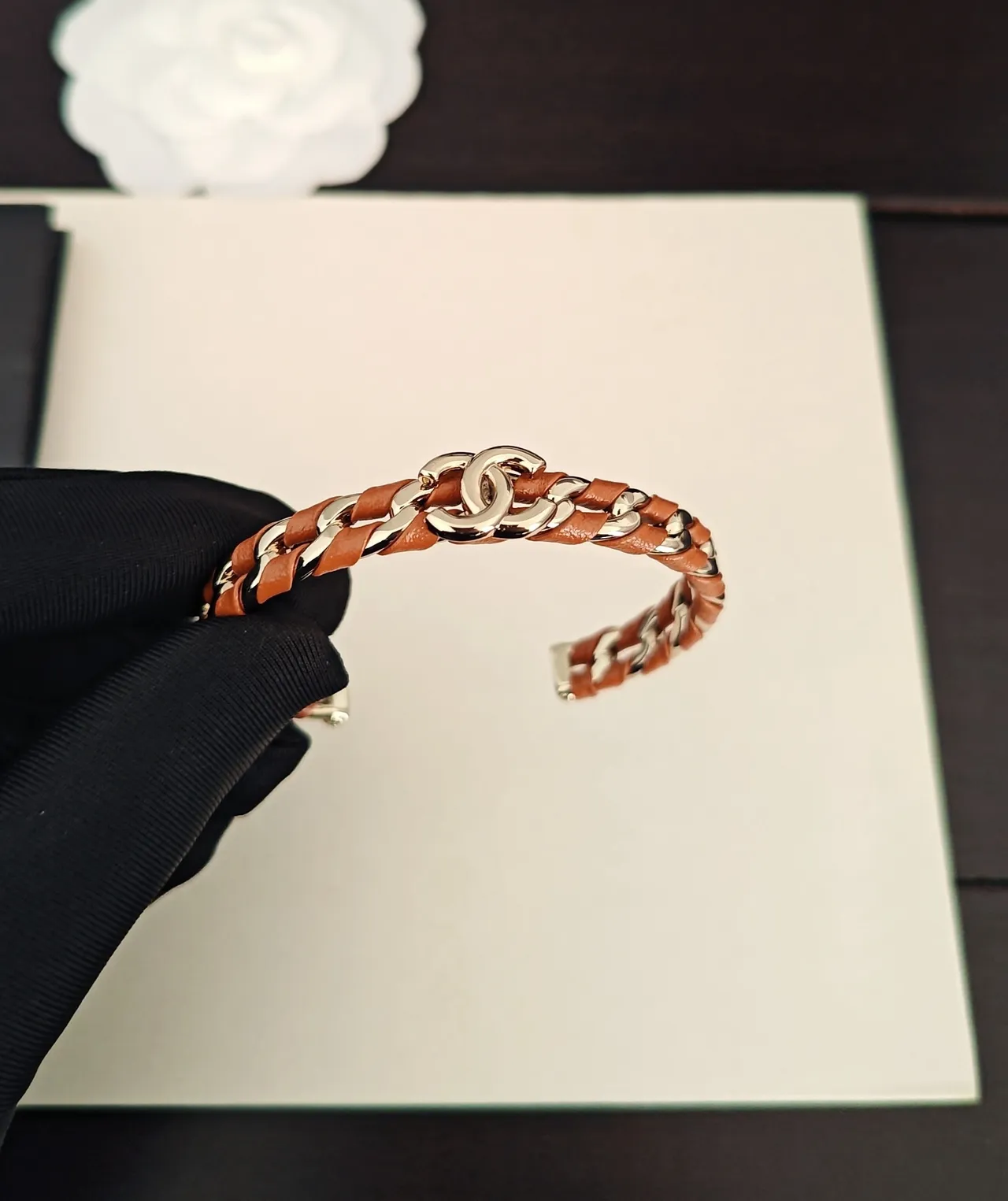 Chanel Chain Bracelet Tan Leather and Silver-Tone Metal Cuff Bracelet 3