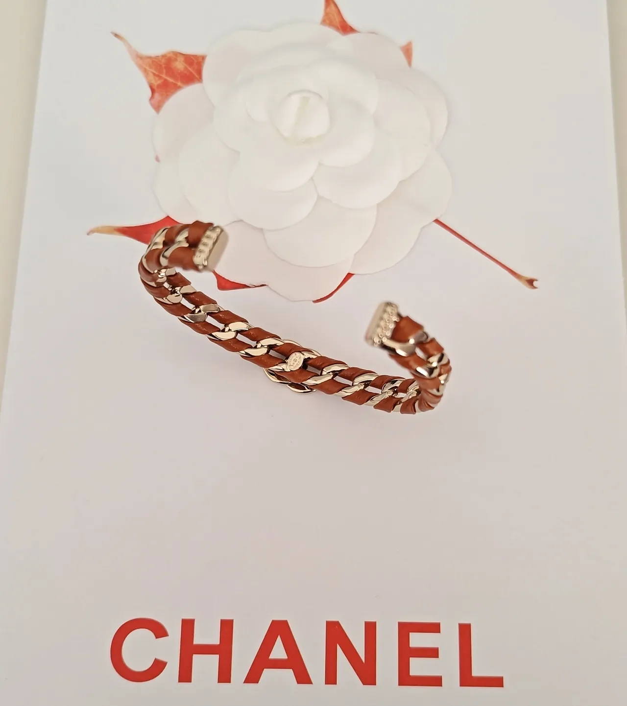 Chanel Chain Bracelet Tan Leather and Silver-Tone Metal Cuff Bracelet 4