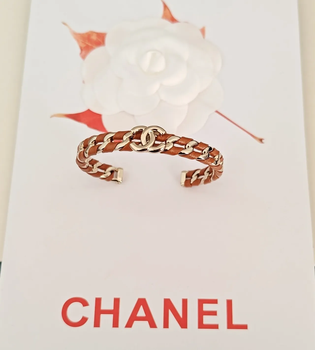 Chanel Chain Bracelet Tan Leather and Silver-Tone Metal Cuff Bracelet 5