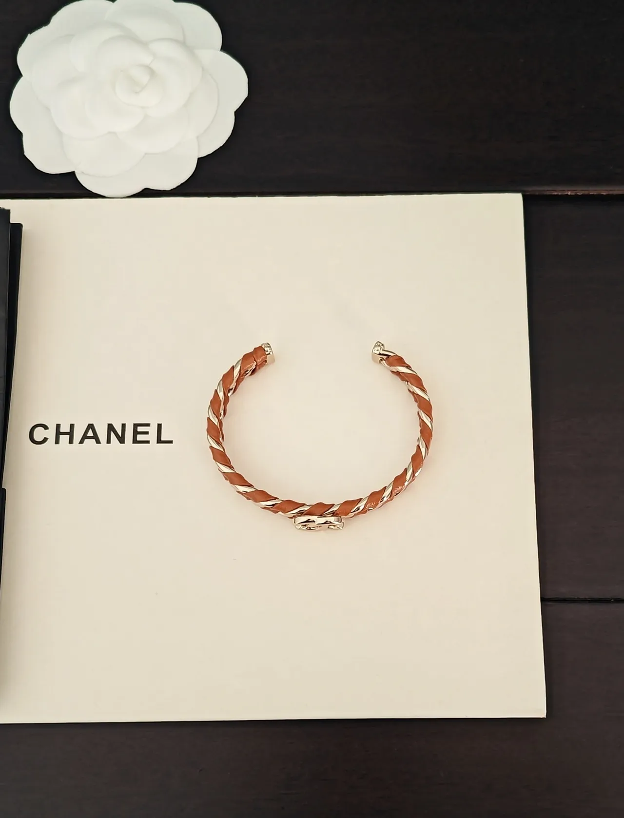 Chanel Chain Bracelet Tan Leather and Silver-Tone Metal Cuff Bracelet 6