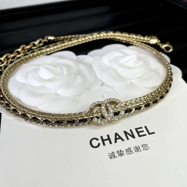 Chanel Classic Chain Necklace Gold Black Braided Inlay Detailing Necklace 7