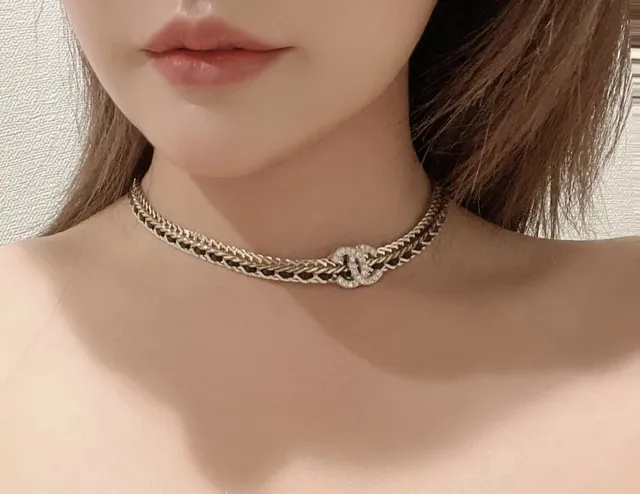 Chanel Classic Chain Necklace Gold Black Braided Inlay Detailing Necklace 9