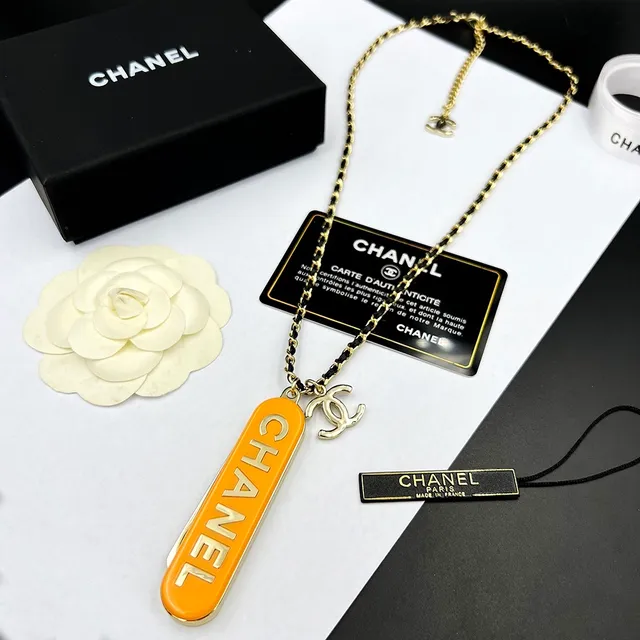 Chanel Comb Necklace Orange Black Enamel Barrel Charm Gold-Tone And Metal Necklace 2