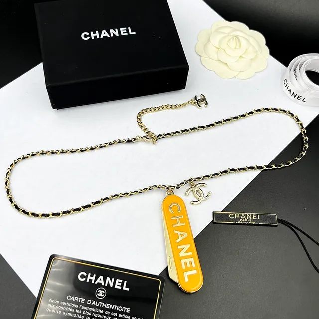 Chanel Comb Necklace Orange Black Enamel Barrel Charm Gold-Tone And Metal Necklace 3