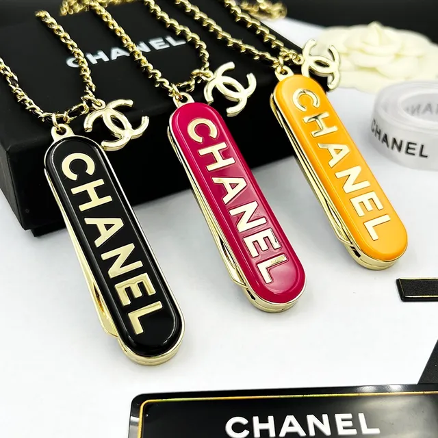 Chanel Comb Necklace Orange Black Enamel Barrel Charm Gold-Tone And Metal Necklace 6