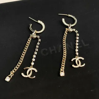 Chanel Crystal Chain CC Logo Hoop Earrings