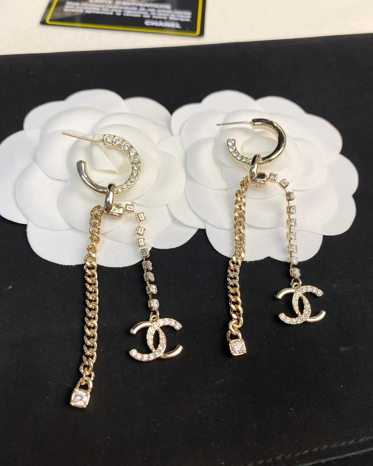 Chanel Crystal Chain CC Logo Hoop Earrings 3
