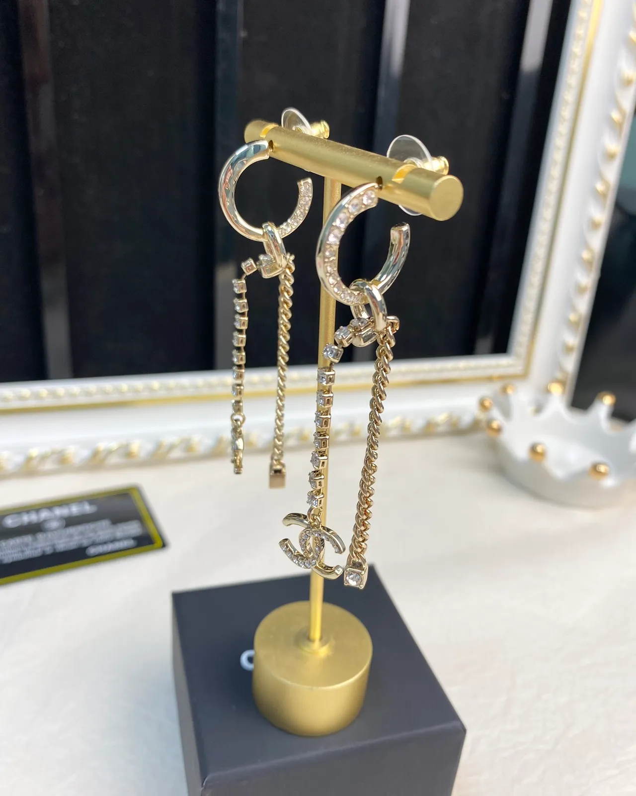 Chanel Crystal Chain CC Logo Hoop Earrings 6