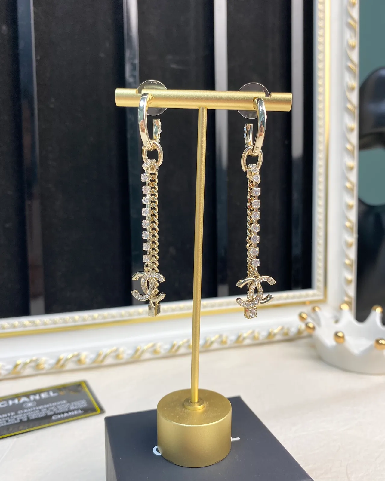 Chanel Crystal Chain CC Logo Hoop Earrings 7