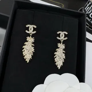 Chanel Crystal-Pavé CC Logo Leaf Drop Earrings