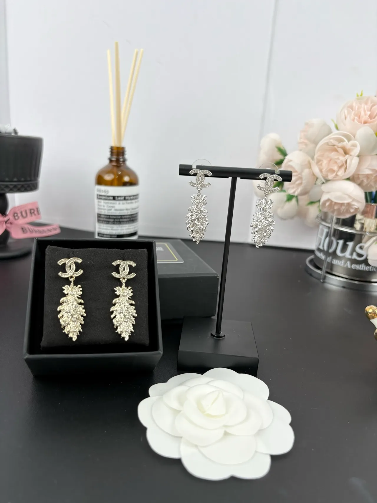 Chanel Crystal-Pavé CC Logo Leaf Drop Earrings 4