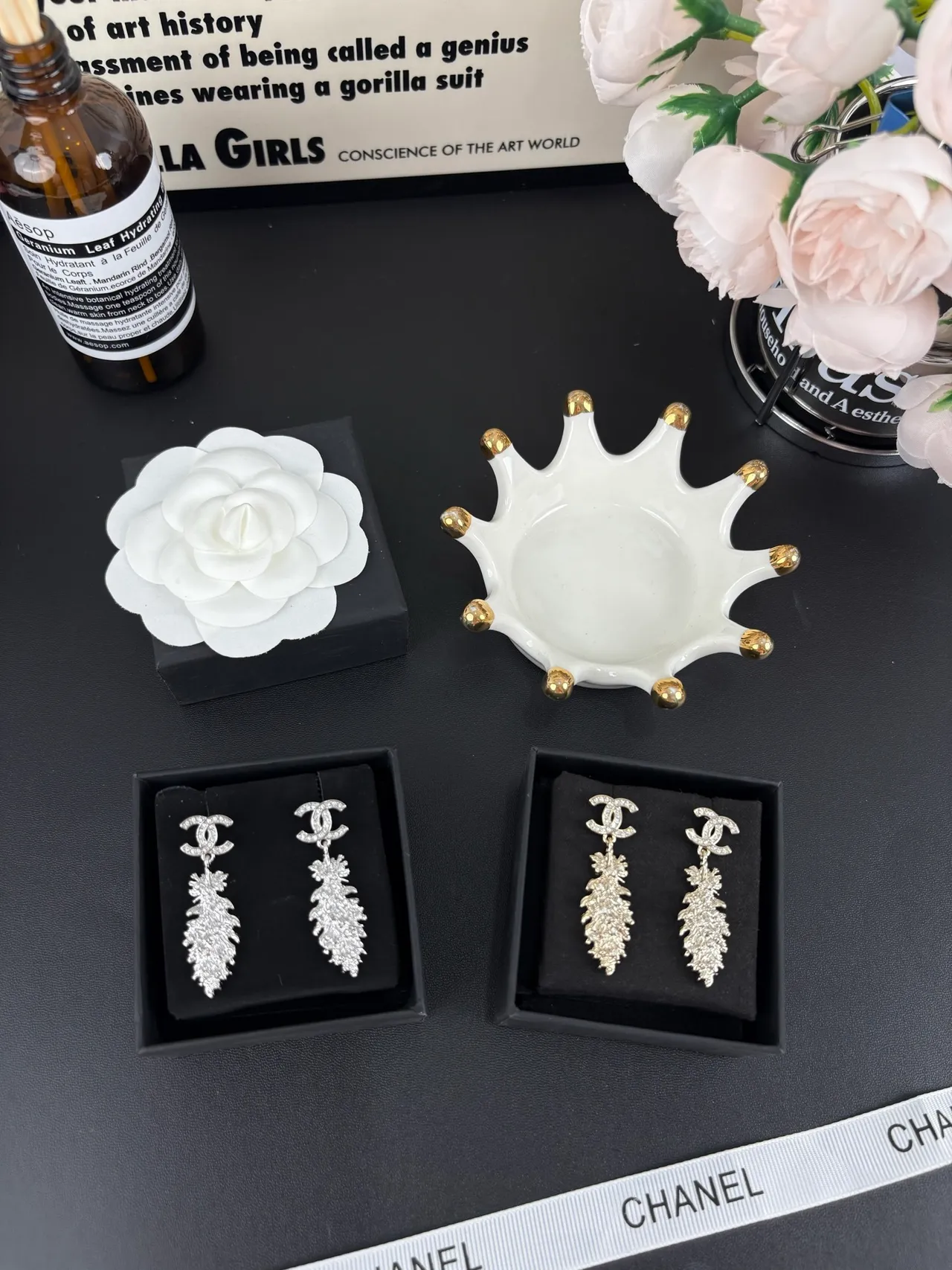 Chanel Crystal-Pavé CC Logo Leaf Drop Earrings 6