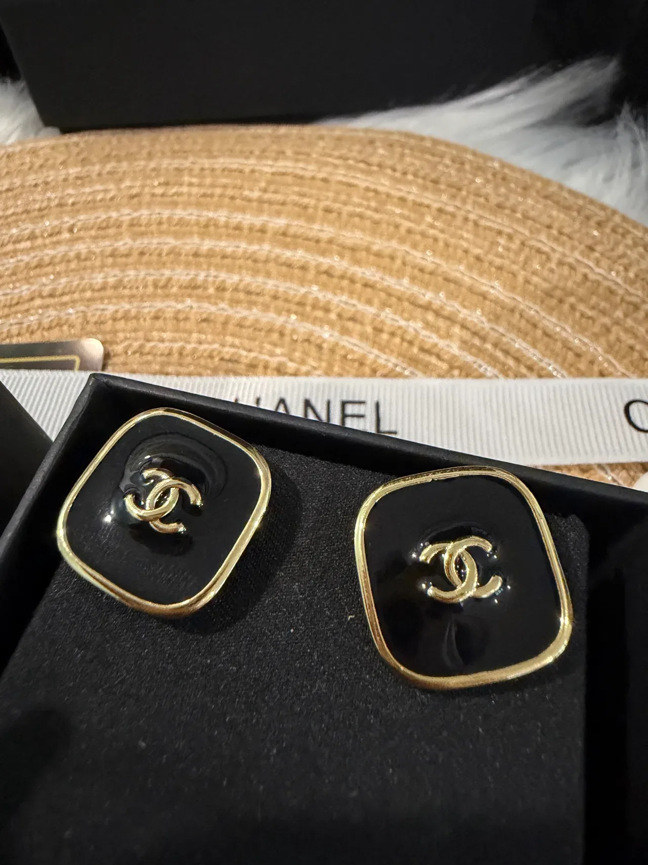 Chanel Enamel Stud Red Black Square Studs Gold-Tone CC Logo Earrings 4