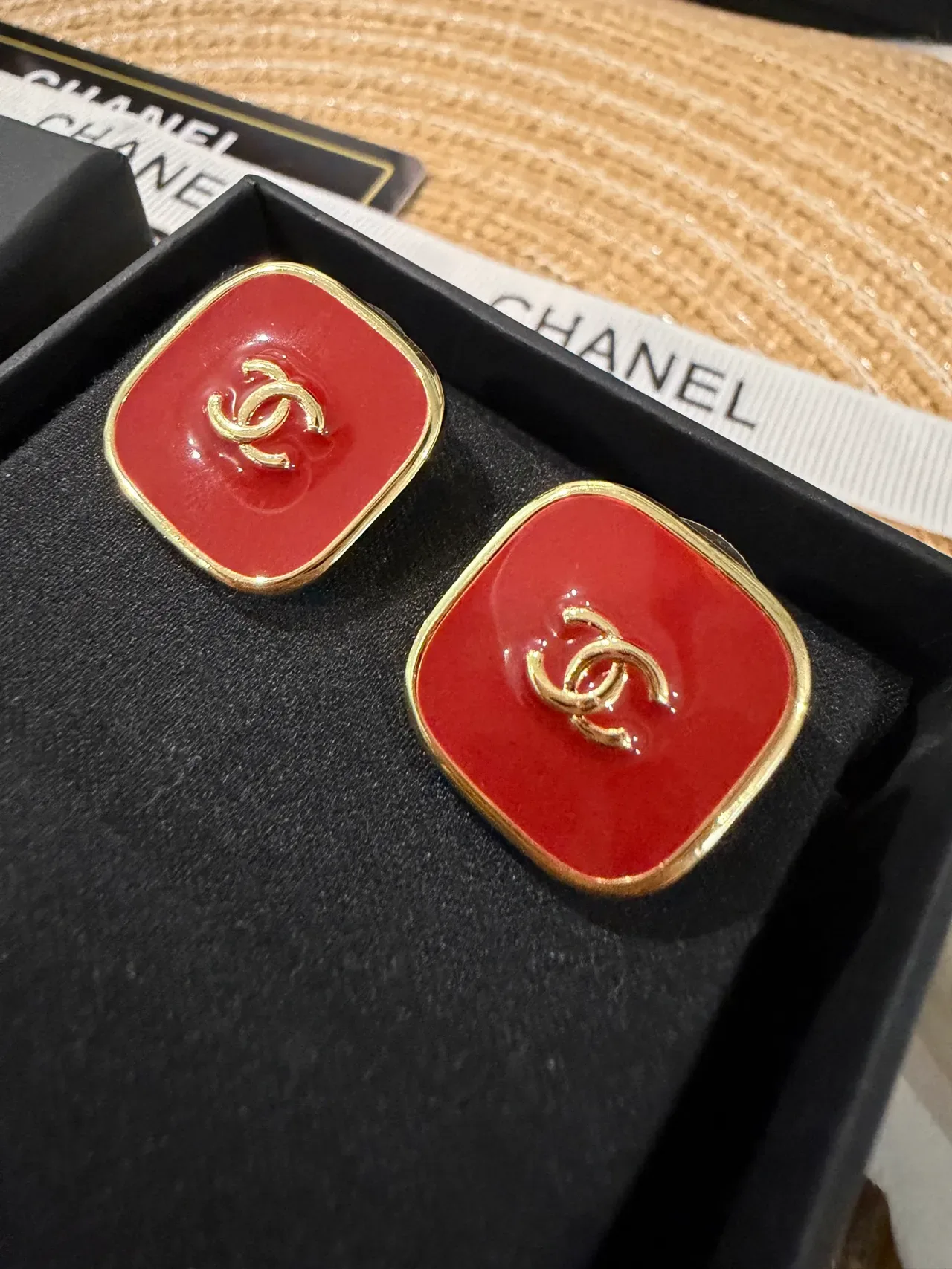Chanel Enamel Stud Red Black Square Studs Gold-Tone CC Logo Earrings 6