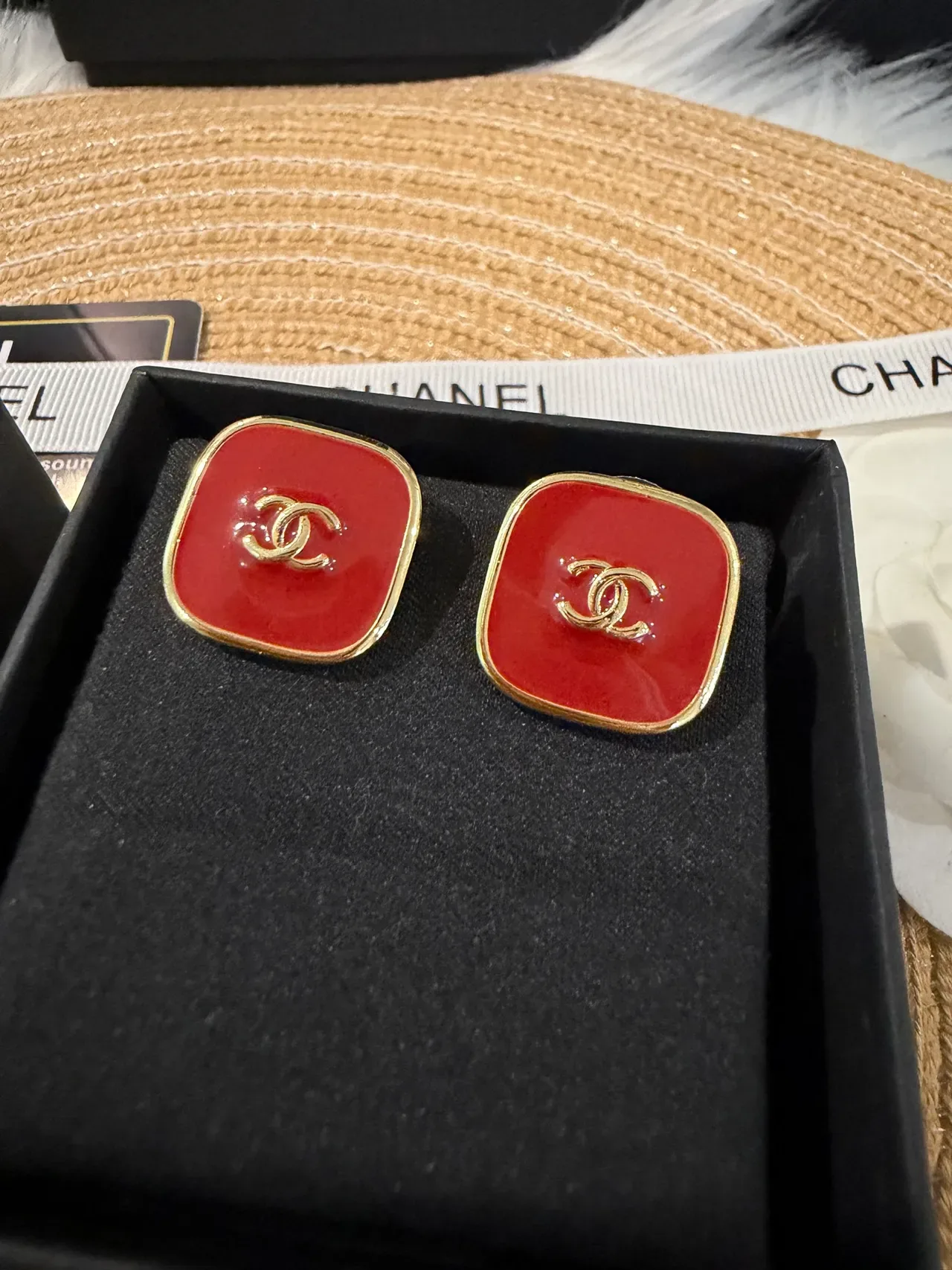 Chanel Enamel Stud Red Black Square Studs Gold-Tone CC Logo Earrings 7