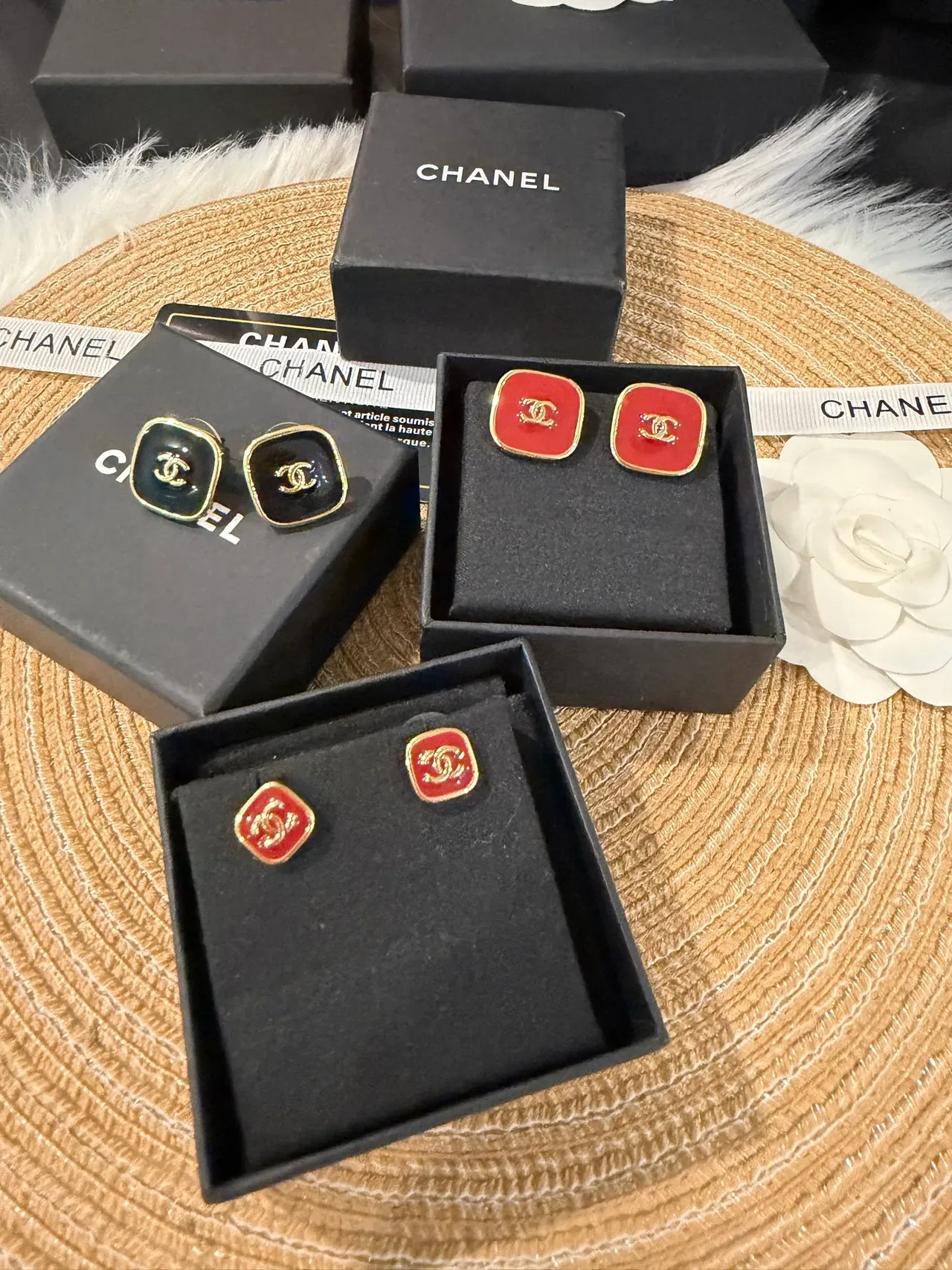 Chanel Enamel Stud Red Black Square Studs Gold-Tone CC Logo Earrings 8