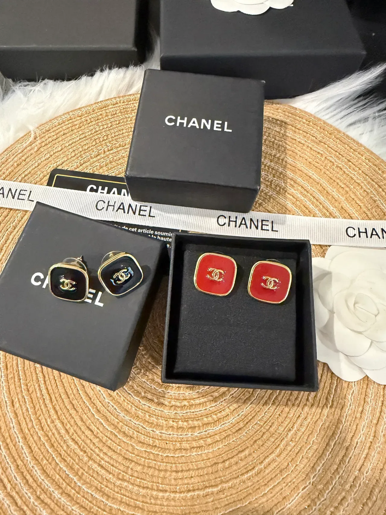 Chanel Enamel Stud Red Black Square Studs Gold-Tone CC Logo Earrings 9