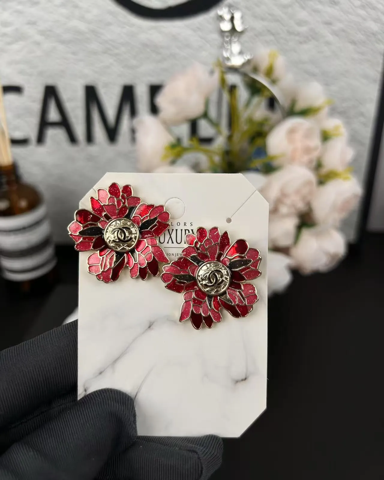 Chanel Floral Enamel CC Logo Stud Earrings 7