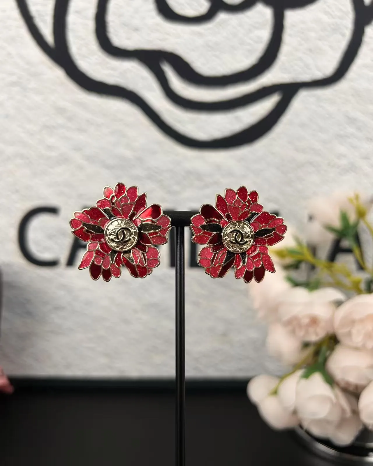 Chanel Floral Enamel CC Logo Stud Earrings 10