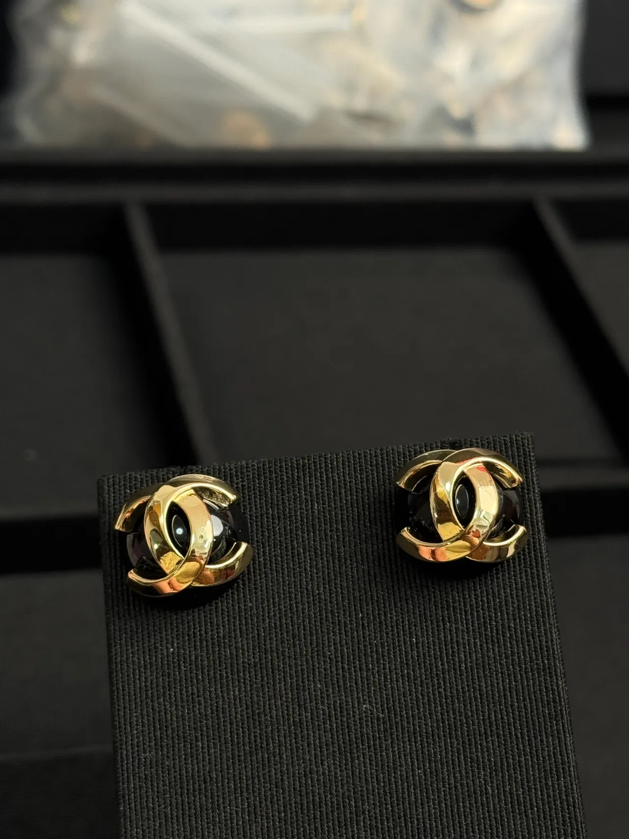 Chanel Gold Black Interlocking CC Logo Metal Earrings 3